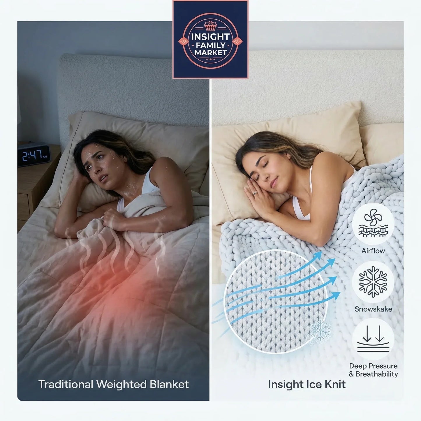 Comparison of a traditional weighted blanket and Insight Ice Knit blanket with a woman sleeping.