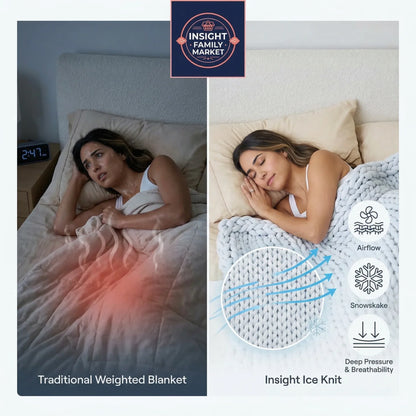 Comparison of a traditional weighted blanket and Insight Ice Knit blanket with a woman sleeping.