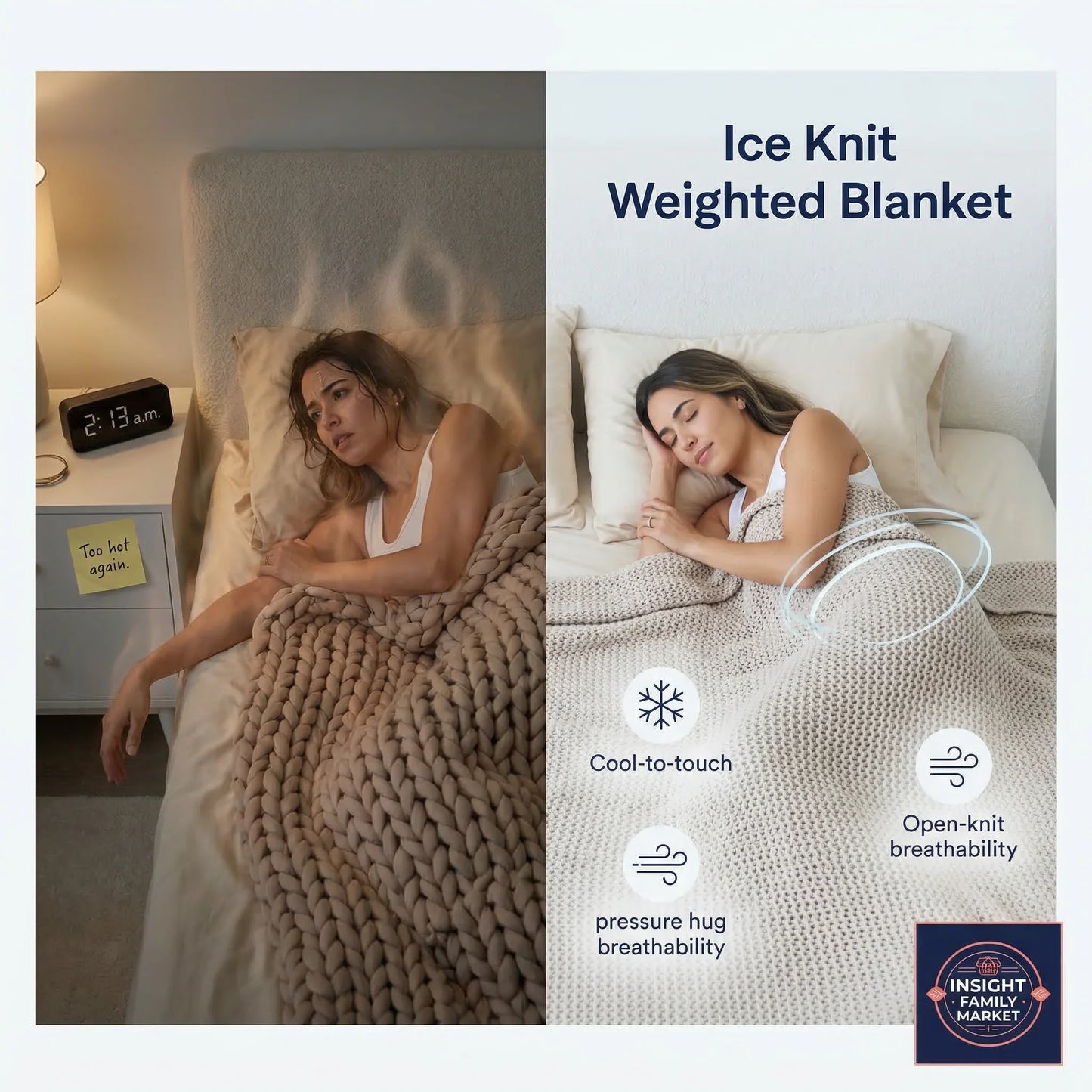 Woman sleeping under an ice knit weighted blanket with product features displayed.