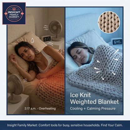 Woman sleeping with an ice knit weighted blanket, showing cooling and calming effects.