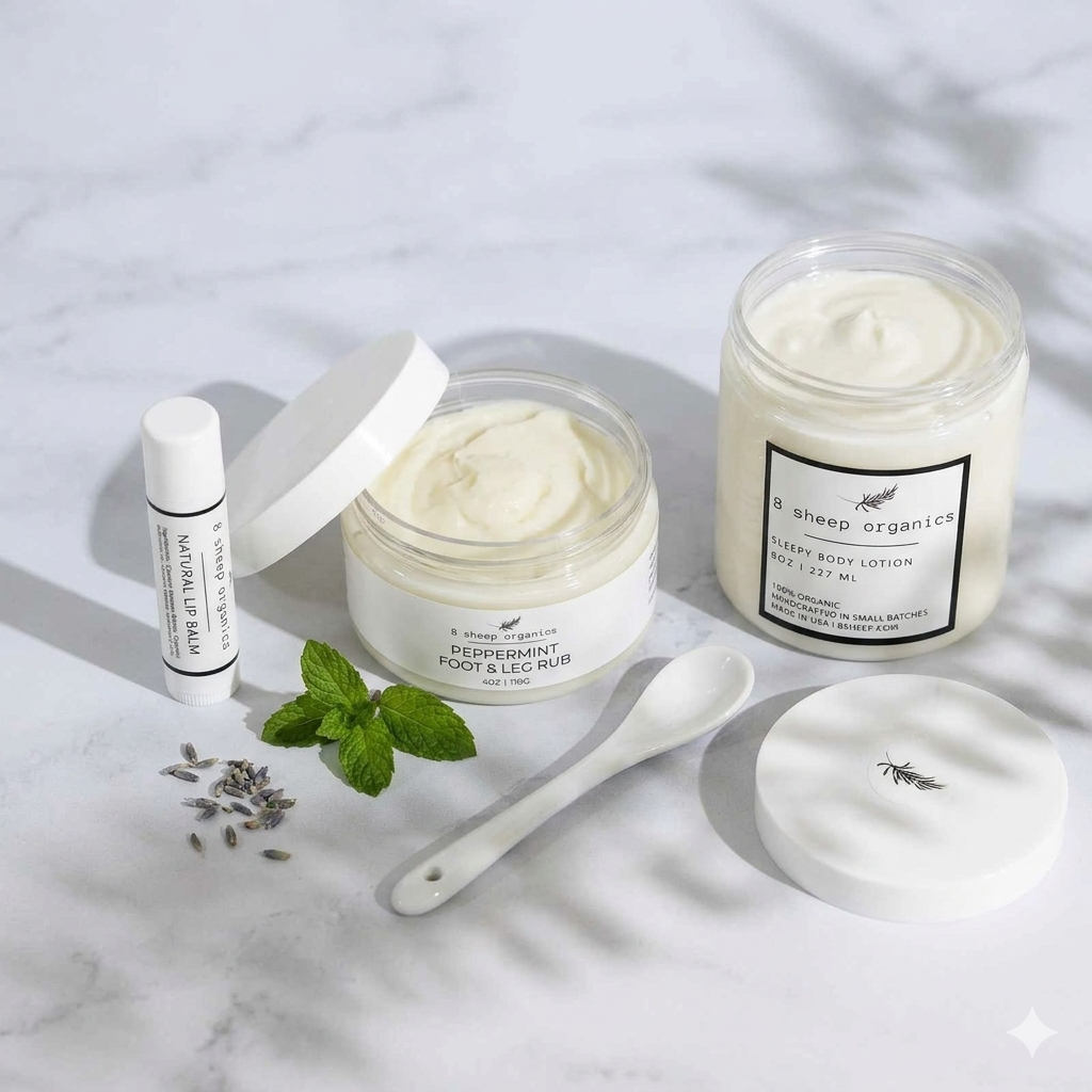 A set of natural body care products from Sheep Organics on a white marble surface, including a Peppermint Foot & Leg Balm jar with its lid off, a body lotion jar, a lip balm tube, a white ceramic spoon, and lavender buds with mint leaves.