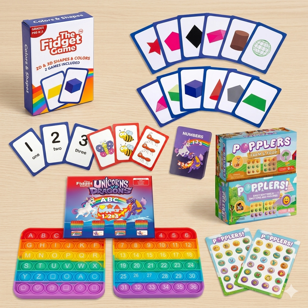 A children's educational toy set arranged on a light wood surface, including The Fidget Game box and rainbow pop-it grids, number cards, shape cards, a Popplers box, and unicorn ABC cards.