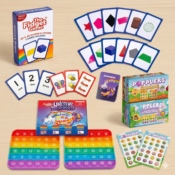 A children's educational toy set arranged on a light wood surface, including The Fidget Game box and rainbow pop-it grids, number cards, shape cards, a Popplers box, and unicorn ABC cards.
