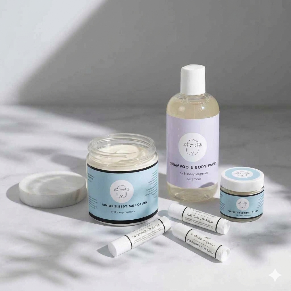A set of natural hair and skin care products from 'Juno & Rest' arranged on a light gray surface with soft leaf shadows. The set includes Junior's Bresting Lotion in a clear jar with a light blue label and white lid, a bottle of Shampoo & Body Wash with a lavender label, a small jar of Natural Lip Balm, and two tubes of Hair & Skin Balm.