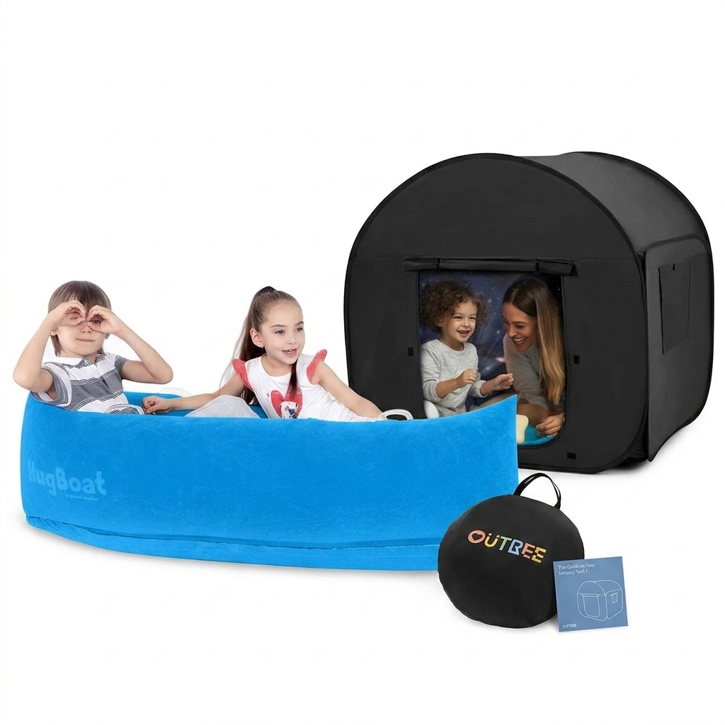 A product bundle image showcasing a blue inflatable Hugboat seat with two children sitting inside alongside a black pop-up quiet time play tent with an adult and child visible inside the opening.