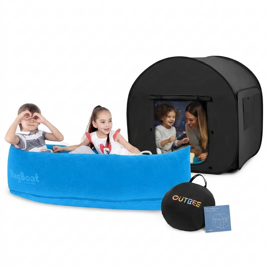 A product bundle image showcasing a blue inflatable Hugboat seat with two children sitting inside alongside a black pop-up quiet time play tent with an adult and child visible inside the opening.