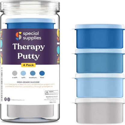 Therapy putty 4 pack in assorted blue containers, sensory and hand therapy tool