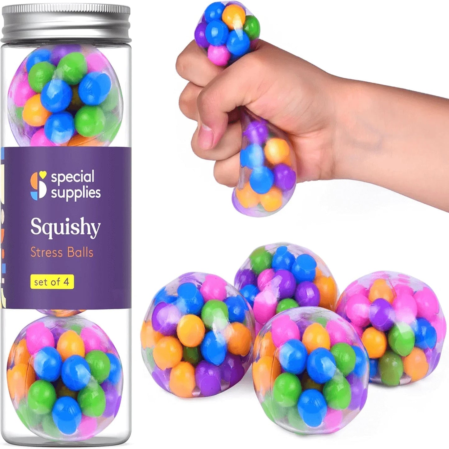 Colorful squishy stress balls for sensory relief, set of four, hand squeezing ball