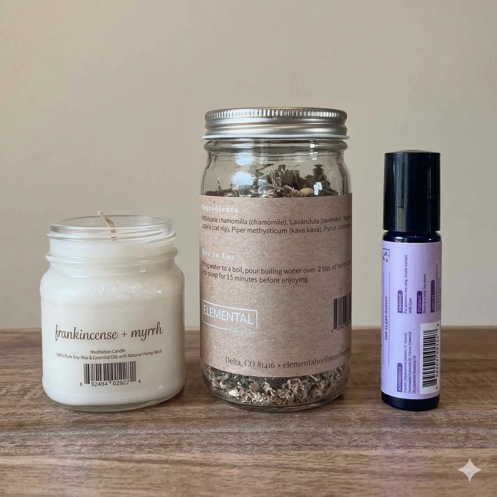 Three wellness products arranged on a wooden surface against a beige wall: a white candle jar labeled 'frankincense + myrrh,' a clear mason jar with a silver lid containing dried botanicals and a kraft label reading 'ELEMENTAL,' and a small lavender bottle with a black cap.