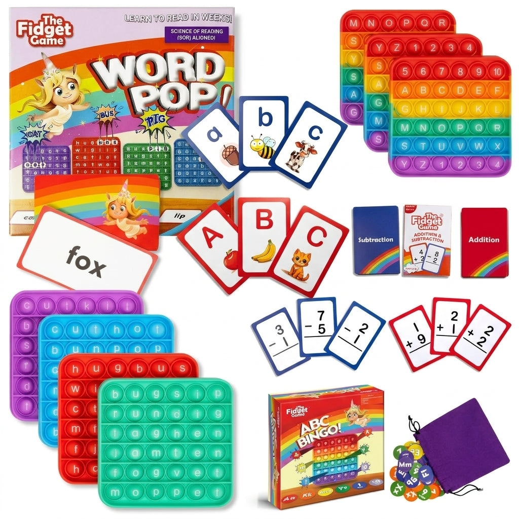 A comprehensive 4-in-1 early childhood educational bundle featuring ABC Bingo, Word Pop CVC blending game, uppercase and lowercase letter flashcards, and addition and subtraction card packs arranged neatly on a clean white background.