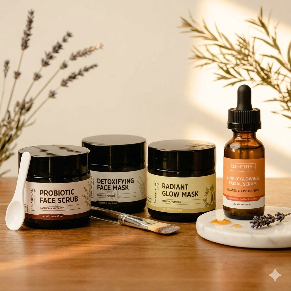 Four skincare products from the brand Eclaloo are arranged on a wooden table with decorative dried lavender branches. The products include Probiotic Face Scrub, Detoxifying Face Mask, Radiant Glow Mask, and Simply Glowing Facial Serum in an amber dropper bottle.