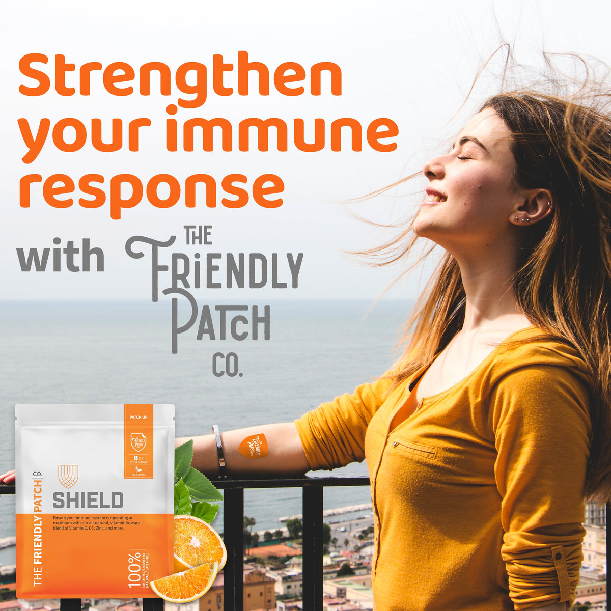 Woman with closed eyes, 'The Friendly Patch Co.' product, and text about immune response.