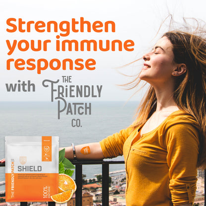 Woman with closed eyes, 'The Friendly Patch Co.' product, and text about immune response.