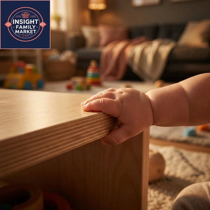 Child’s hand gripping wooden table edge in cozy playroom with sensory toys visible