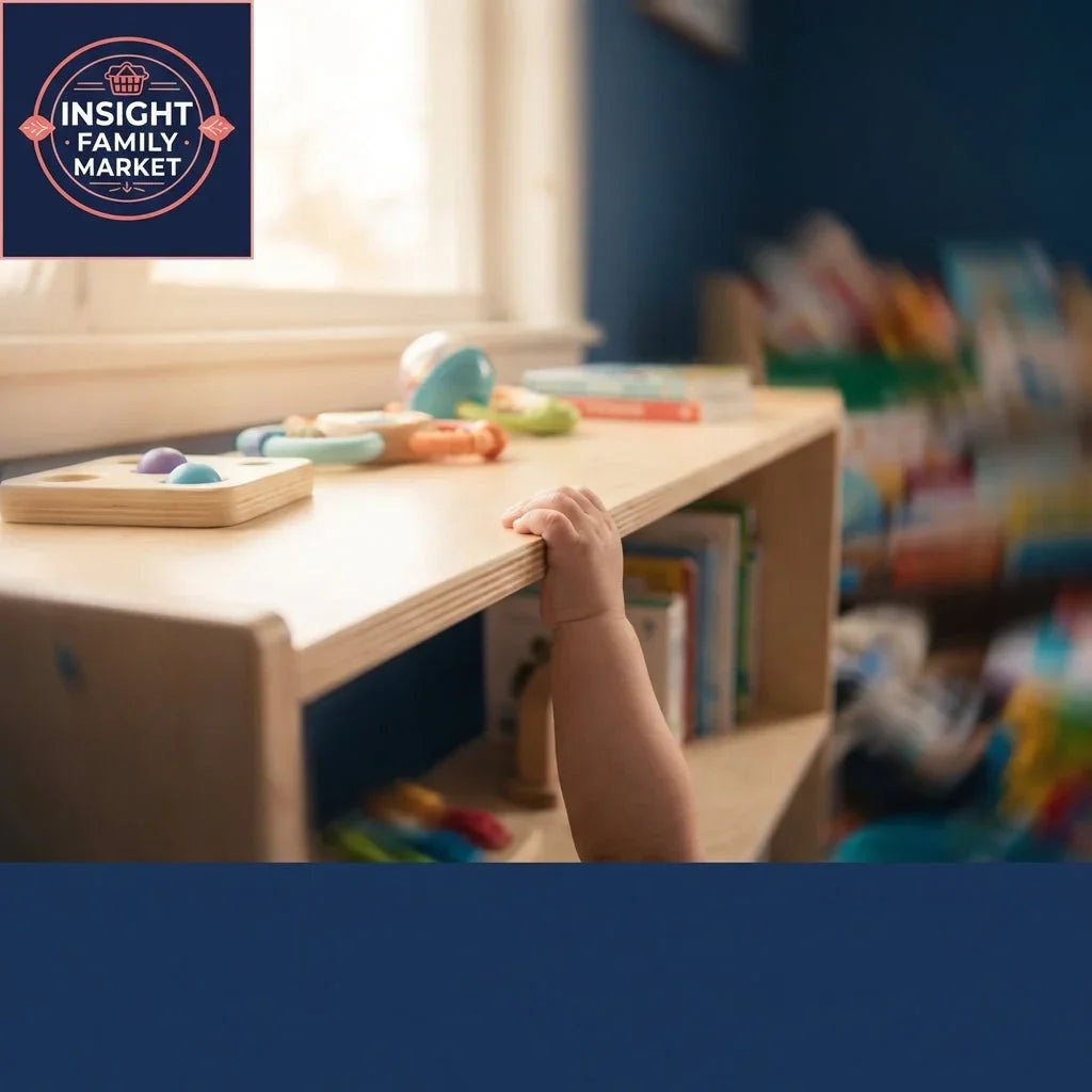 Child’s hand reaching for sensory toys on a wooden shelf in a cozy playroom corner.