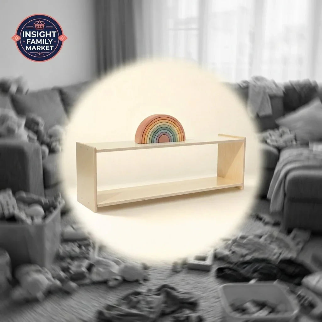 Minimalist wooden shelf with rainbow toy, highlighted in messy sensory-friendly playroom