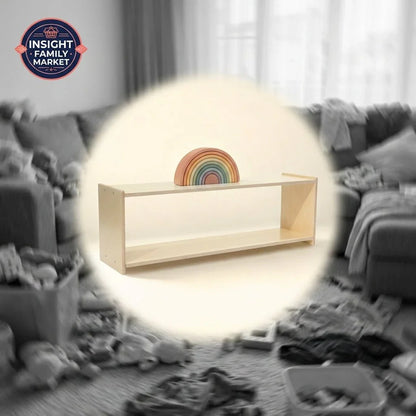 Minimalist wooden shelf with rainbow toy, highlighted in messy sensory-friendly playroom
