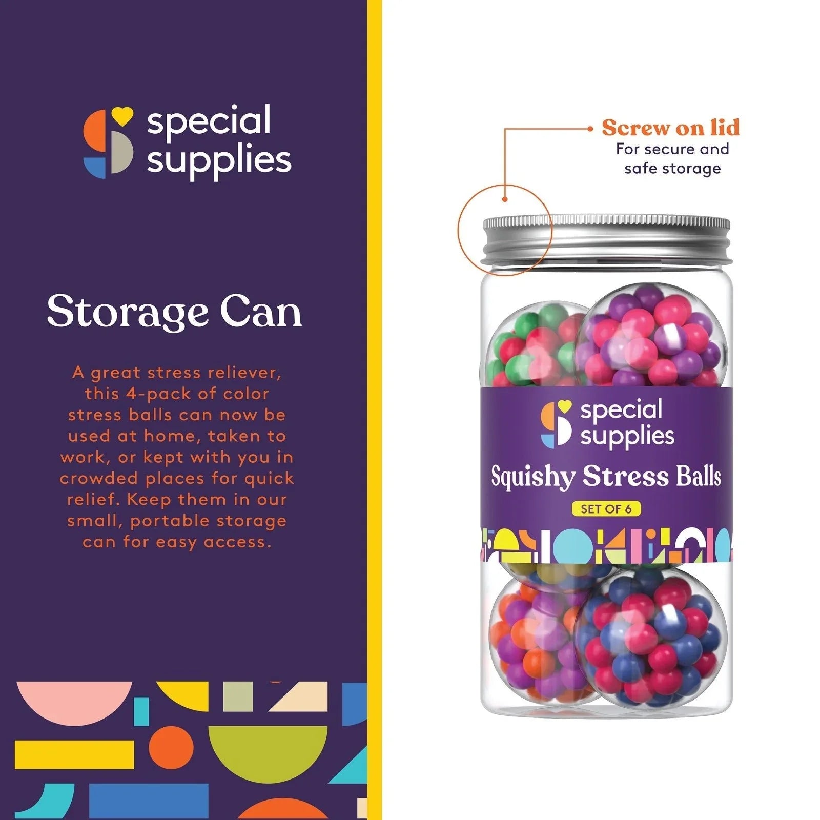 Jar of colorful squishy stress balls with screw lid, sensory fidget toy for stress relief