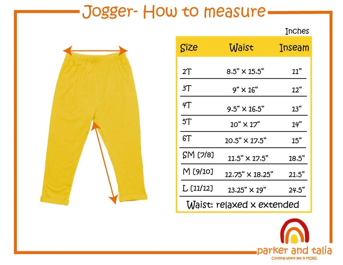 Yellow jogger pants with arrows showing waist and inseam measurement, size chart included.
