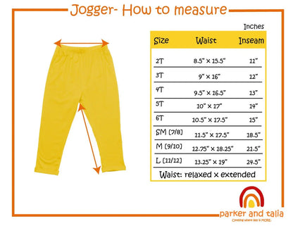Yellow jogger pants with arrows showing waist and inseam measurement, size chart included.