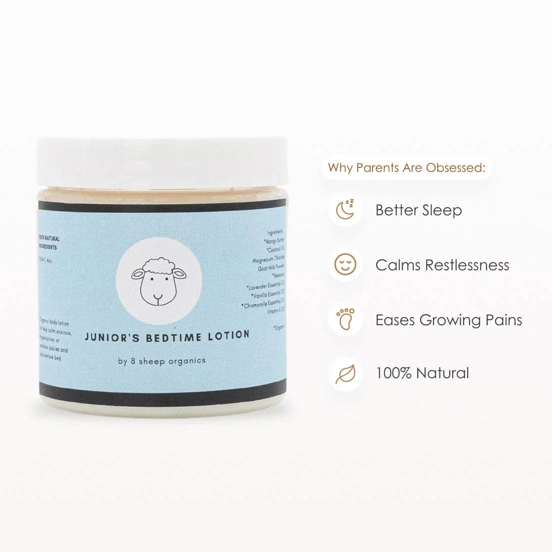 Junior's Bedtime Lotion jar for kids, natural sleep aid, calming lotion features listed