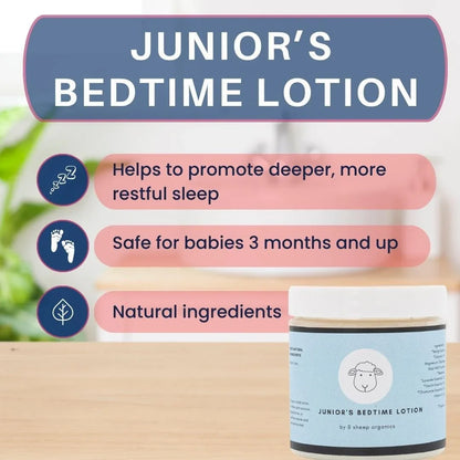 Junior’s Bedtime Lotion jar with sleep support claims, safe for babies and natural ingredients.