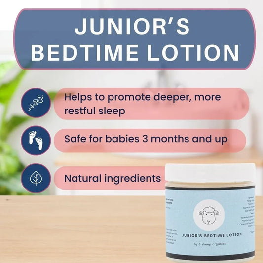 Junior’s Bedtime Lotion jar with sleep support claims, safe for babies and natural ingredients.