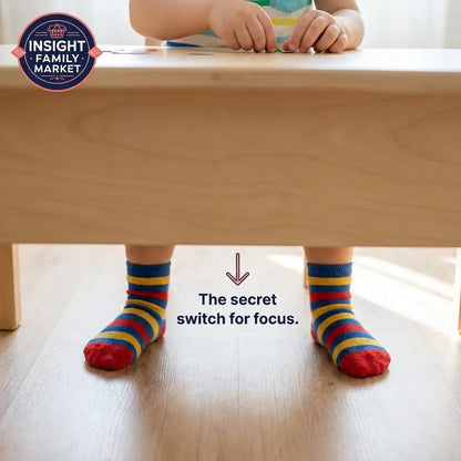 Child wearing colorful striped socks sitting at a wooden table, text highlights focus aid