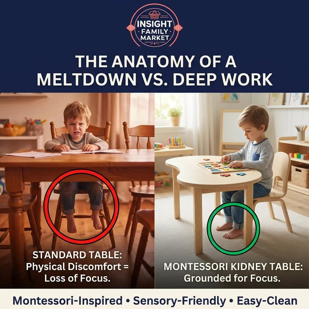 Split image comparing a frustrated child at a standard table versus a focused child at a Montessori kidney table, highlighting sensory-friendly furniture for child focus.