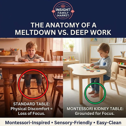 Split image comparing a frustrated child at a standard table versus a focused child at a Montessori kidney table, highlighting sensory-friendly furniture for child focus.