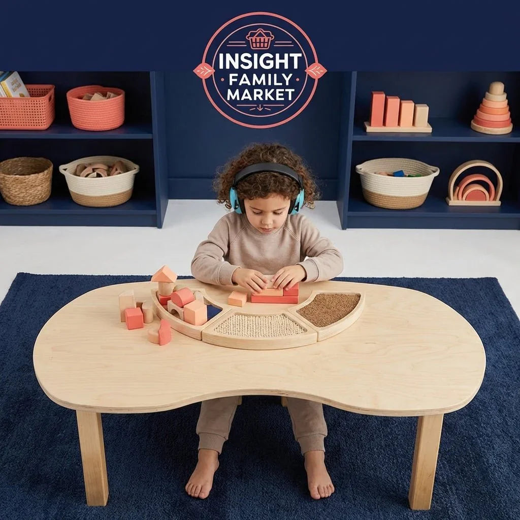 Child wearing headphones plays with sensory blocks at a wooden table in a calm playroom.