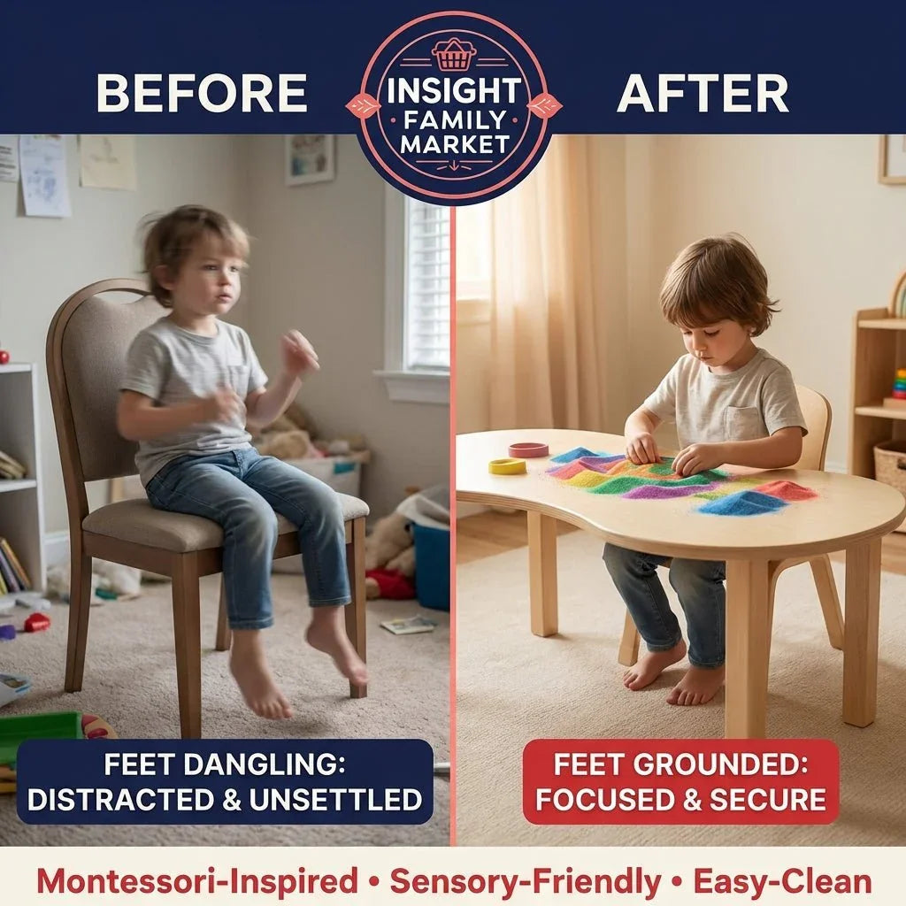 Side-by-side of young child before and after using sensory-friendly, Montessori-inspired table; before shows distracted child with dangling feet, after shows focused child with feet grounded at an activity table.
