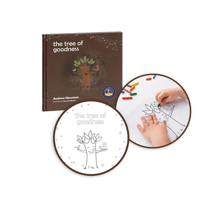 The Tree of Goodness children’s book and coloring activity with child coloring tree illustration.