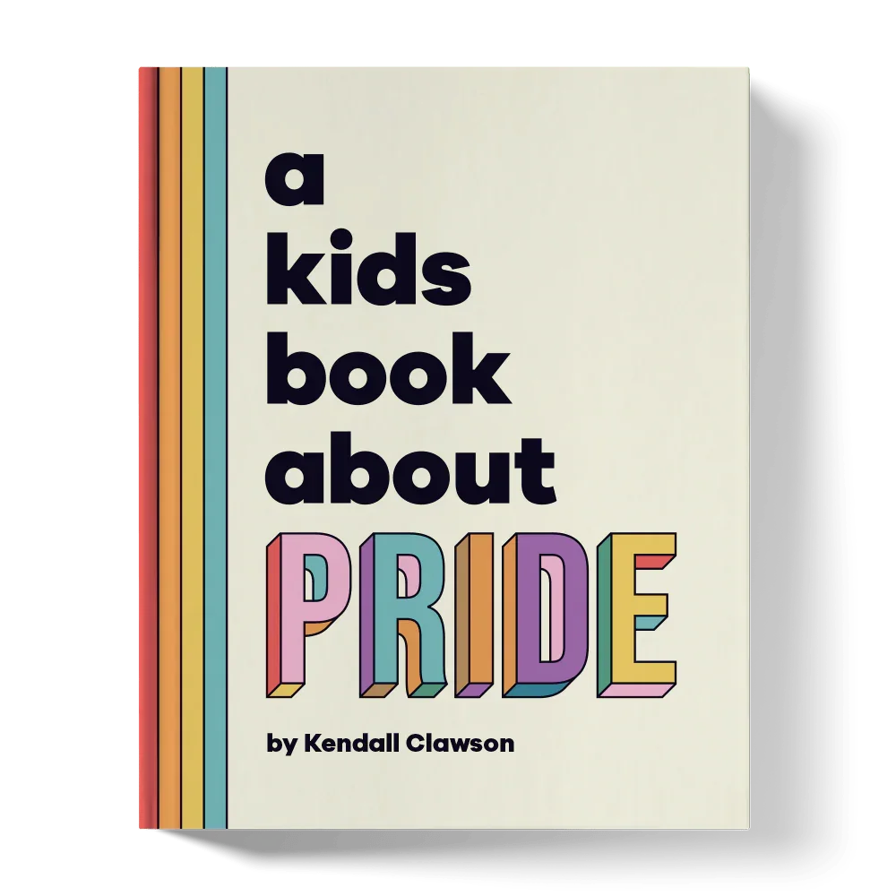 Children's book cover titled 'A Kids Book About Pride' with colorful text and rainbow stripes