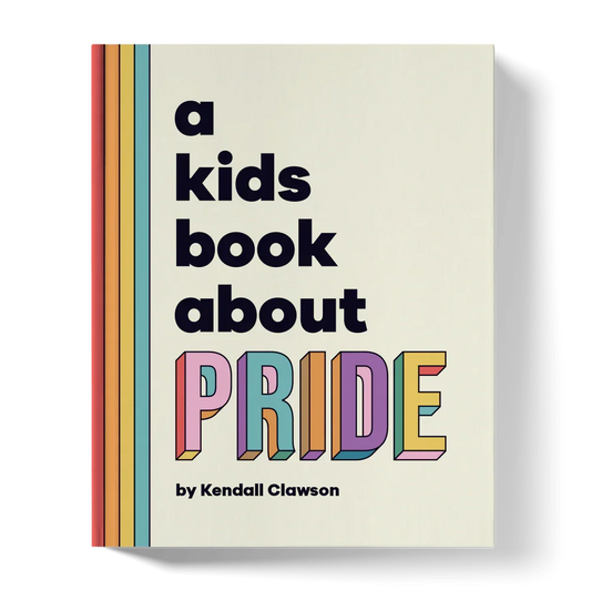 Children's book cover titled 'A Kids Book About Pride' with colorful text and rainbow stripes