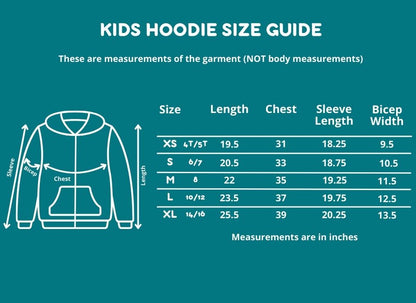 Kids hoodie size guide with measurements on a teal background