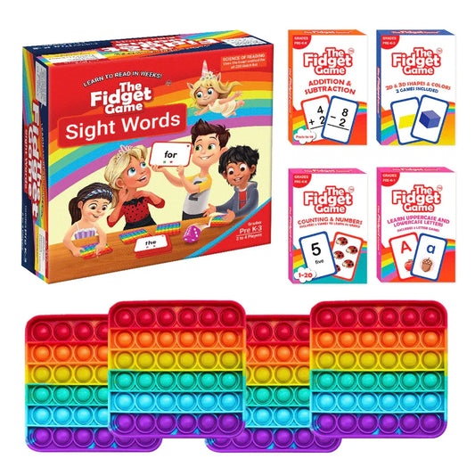 The Fidget Game sight words educational kit with colorful pop fidget toys and learning cards.