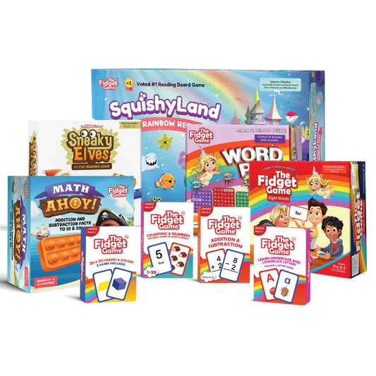 Colorful educational bundle with board games and flashcards for math, reading, and sensory learning
