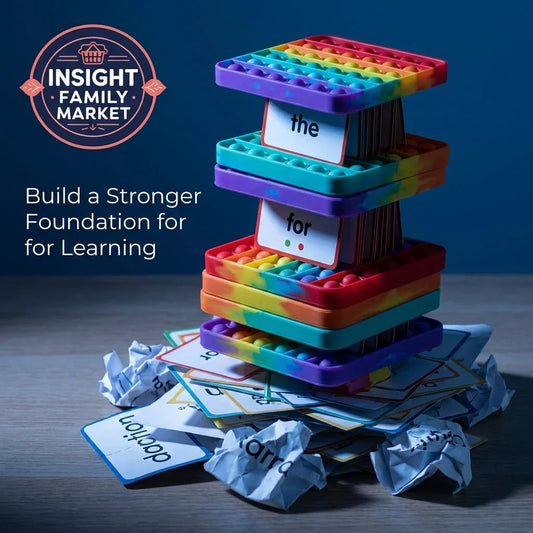 Stack of rainbow sensory pop-it toys with sight word cards, surrounded by flashcards and crumpled paper, promoting learning support tools.