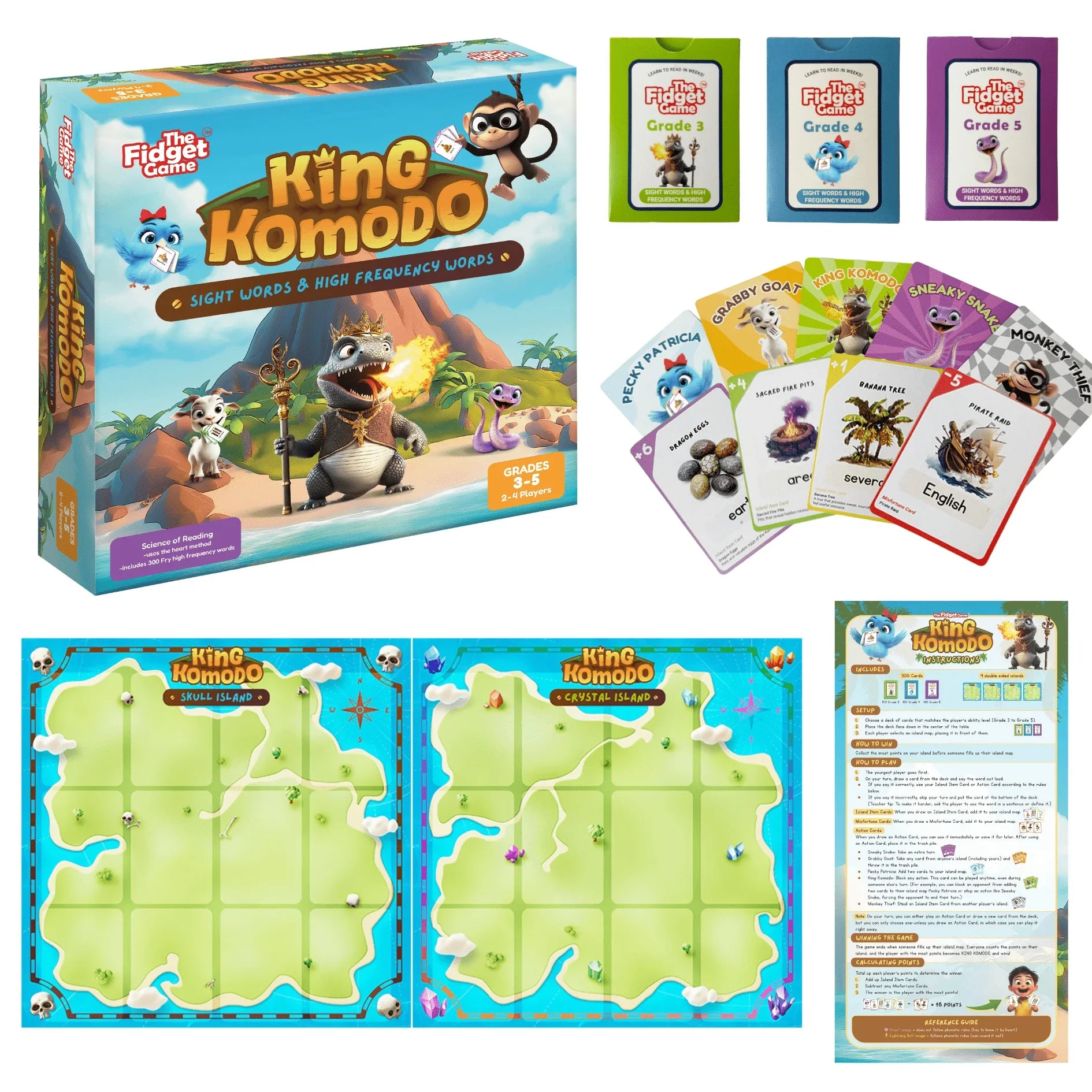 King Komodo sight words board game set for grades 3-5, educational cards and game boards