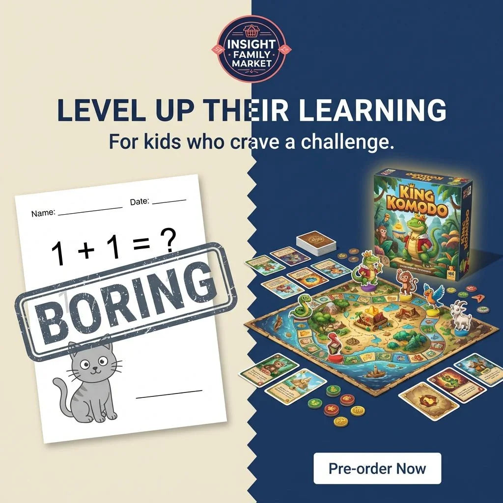 Educational board game King Komodo for kids, contrasting with a worksheet labeled boring.