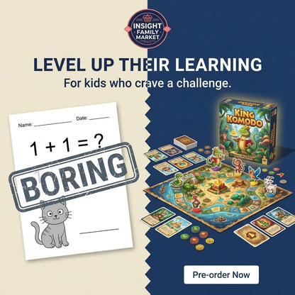Educational board game King Komodo for kids, contrasting with a worksheet labeled boring.