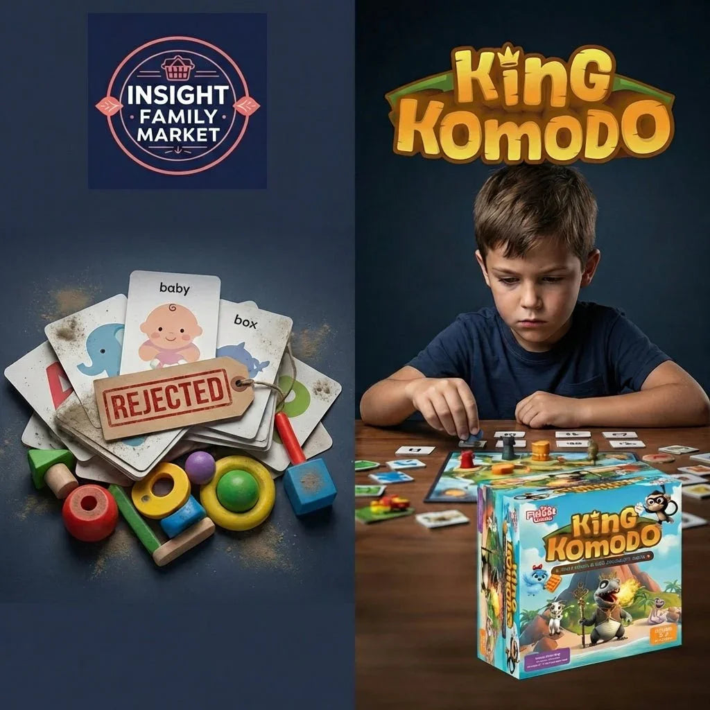 Child playing King Komodo educational board game, sensory toys and flashcards nearby.