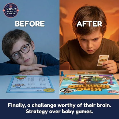 Gifted child bored with math worksheet before, engaged with challenging strategy board game after.