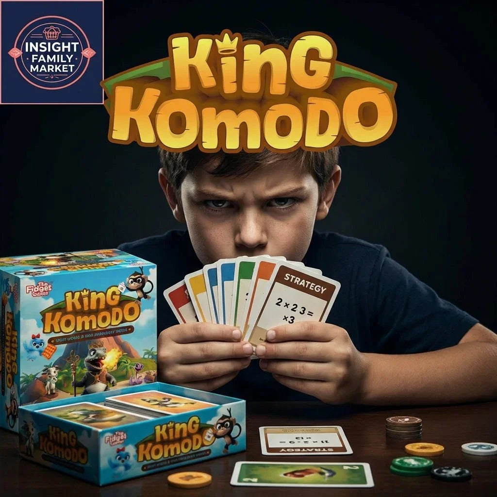 Child playing King Komodo educational card game with strategy cards and colorful tokens