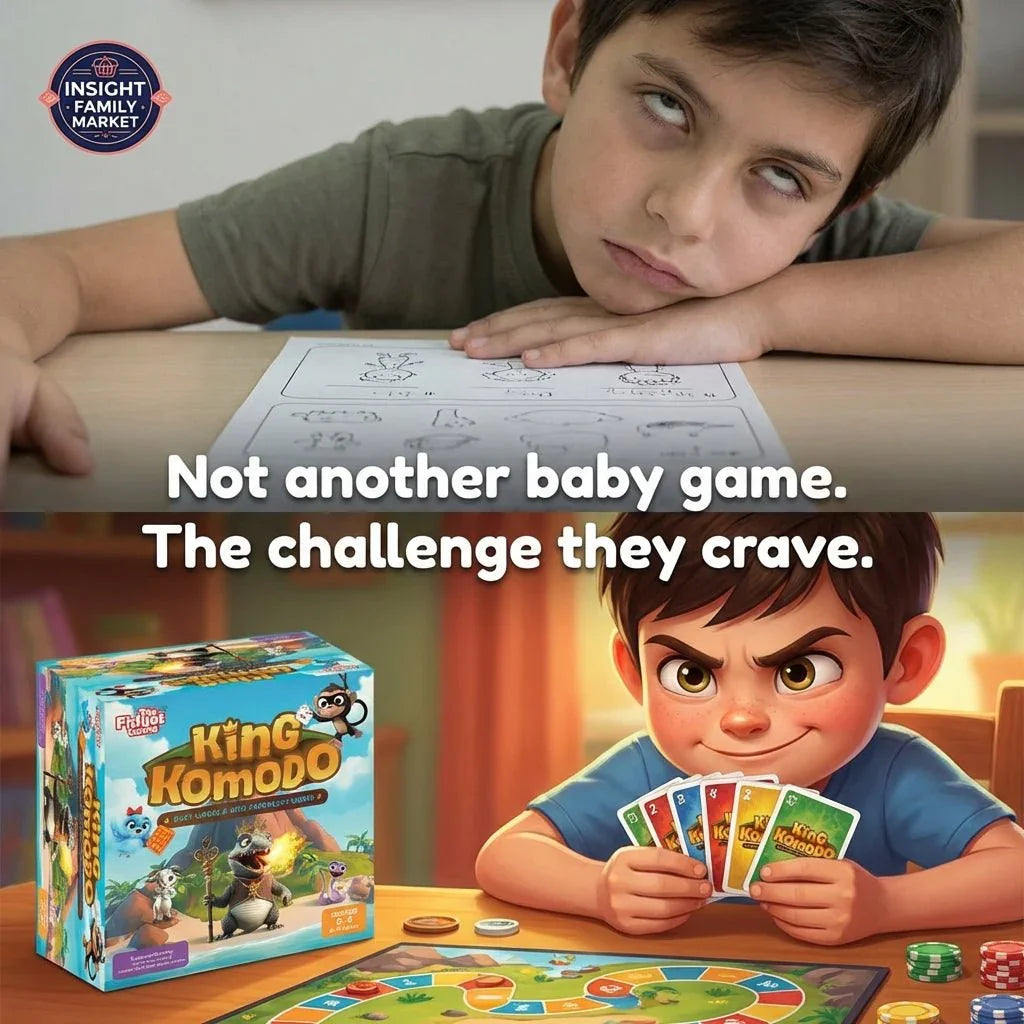 Bored boy with worksheet, excited boy playing King Komodo strategy board game for kids.