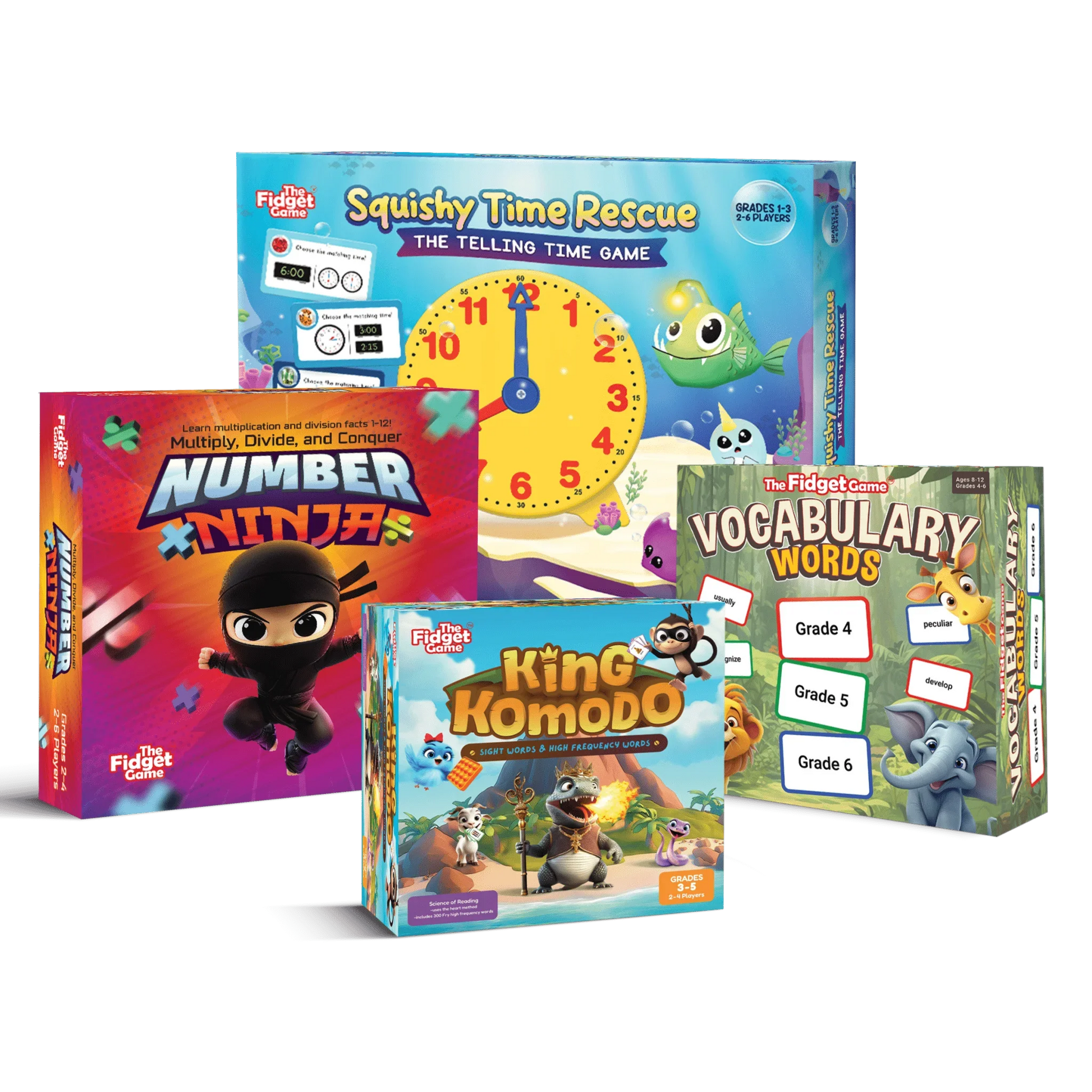 Educational board games bundle for kids, including math, vocabulary, and time-telling games.
