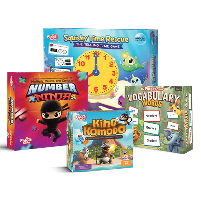 Educational board games bundle for kids, including math, vocabulary, and time-telling games.