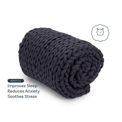 Charcoal chunky knit weighted blanket rolled, text highlights sleep, stress, anxiety benefits