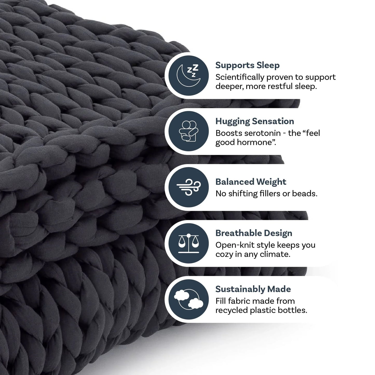 Charcoal chunky knit weighted blanket with sleep, hugging, breathable, sustainable benefits.